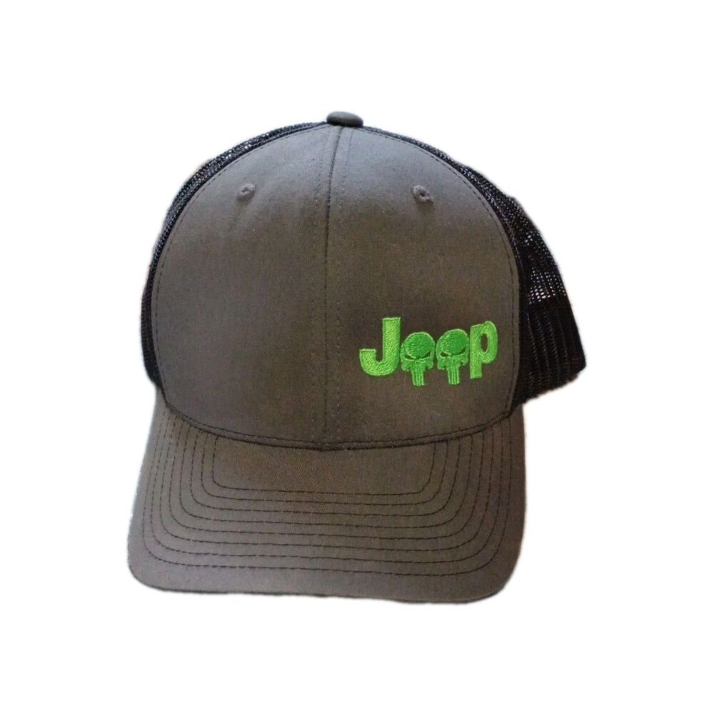 Jeep Richardson 112 Gray Trucker Hat Snapback Green Skull
